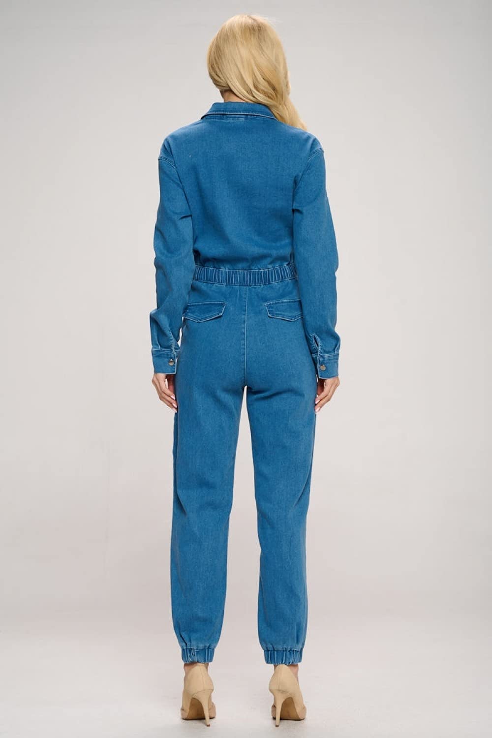 Women's Collar Denim Fitted Utility Jumpsuit with Pockets