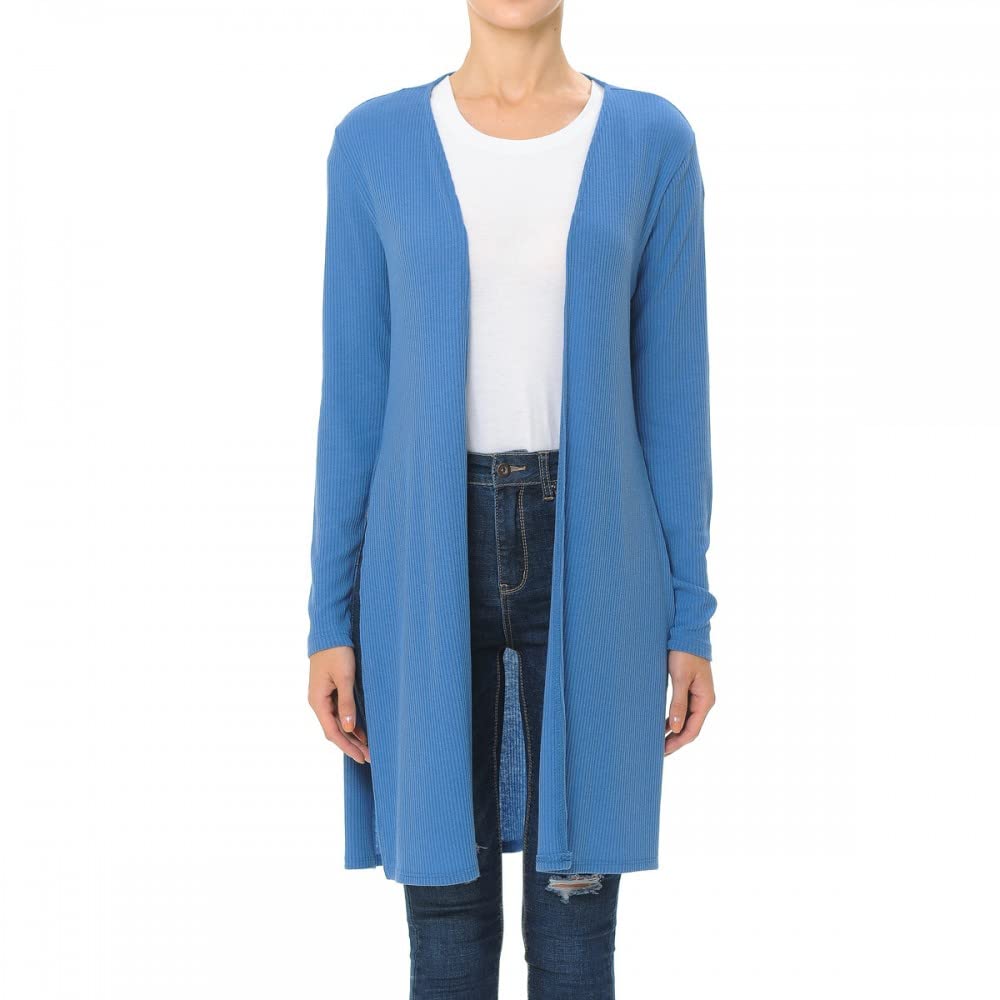 Women's Long Sleeve Ribbed Longline Cardigan Duster with Side Slit