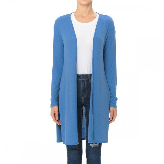 Women's Long Sleeve Ribbed Longline Cardigan Duster with Side Slit