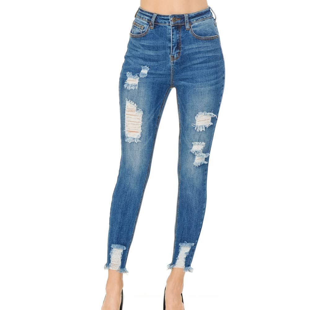Women's High Rise Skinny 5-Pocket Hem Destruction Light Denim Jeans_0