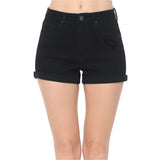 Women's Mid Rise Denim Shorts with destruction and rolled cuff
