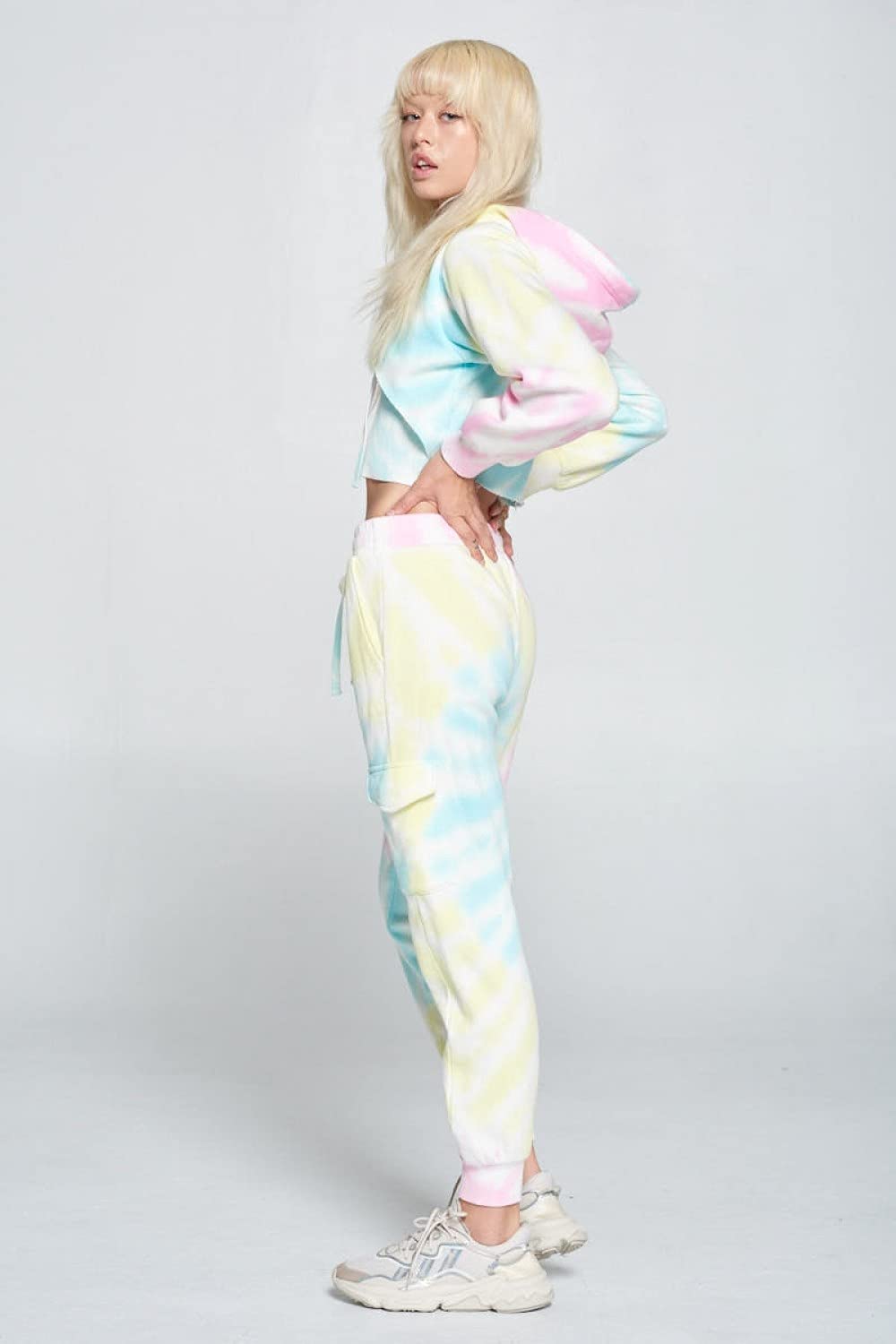 Womens- Tie Dye Long Sleeve Workout Crop Top Sweatshirt French Terry Jogger Hoodie