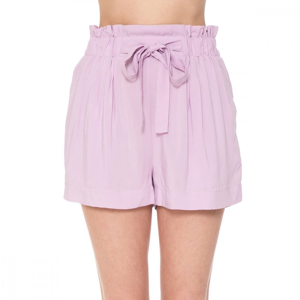 Khanomak Women's Tie-Front High Paperbag Waist Woven Pull-On Shorts