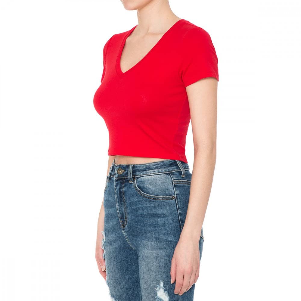 Women's Fitted V-Neck Crop Top Short Sleeve Cotton Stretch Tee Shirt