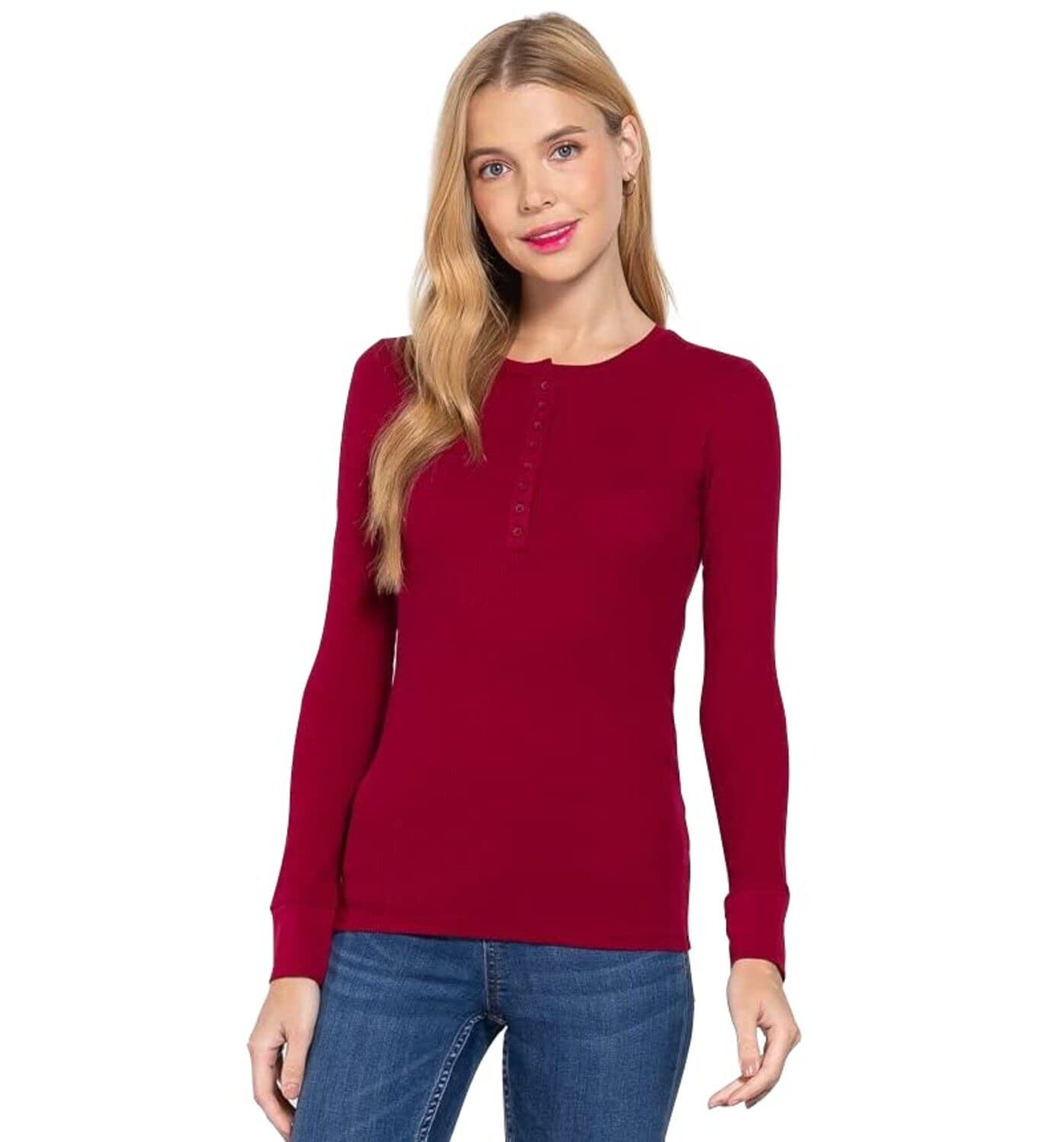 Women's Round Neck Long Sleeves Henley Thermal Knit Top