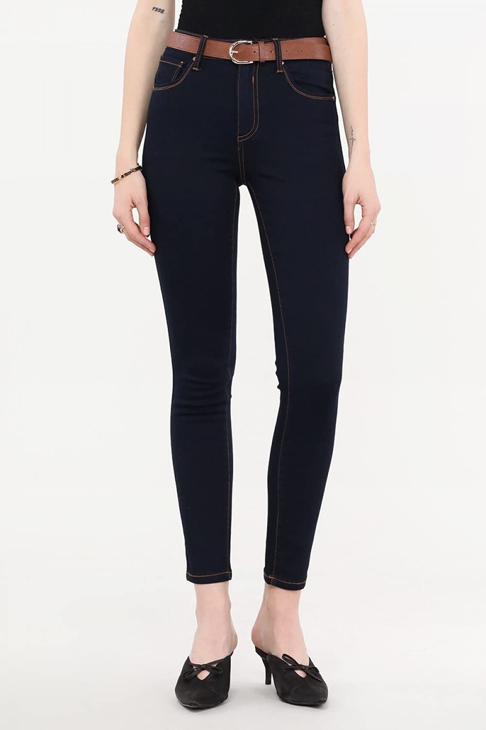 Women's Skinny Fit Belt Looped Dark Navy Ankle Jeans
