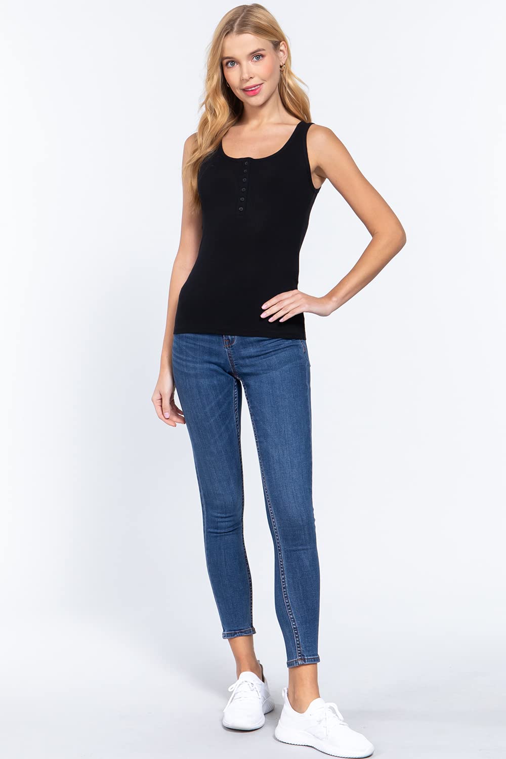 Women's Square Neck Button Down Placket Ribbed Tank Top