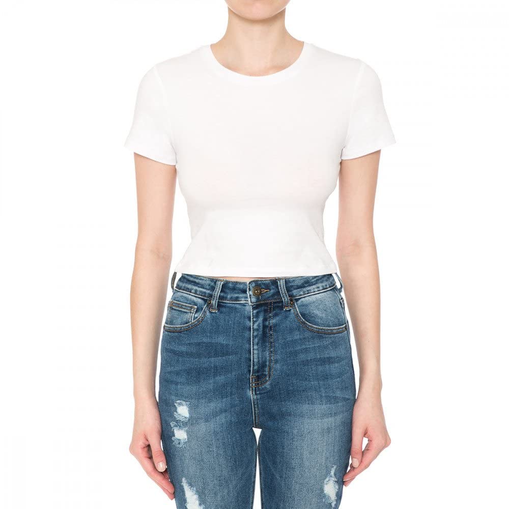 Khanomak Women's Crew Neck Short Sleeve Casual Summer Solid Workout Crop Tee