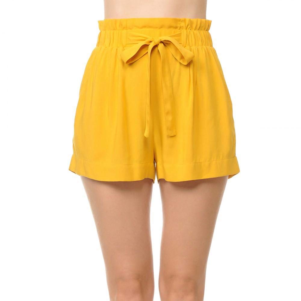 Khanomak Women's Tie-Front High Paperbag Waist Woven Pull-On Shorts