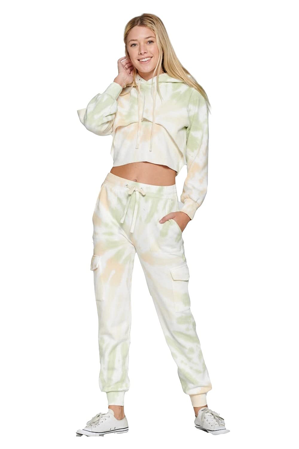 Womens- Tie Dye Long Sleeve Workout Crop Top Sweatshirt French Terry Jogger Hoodie