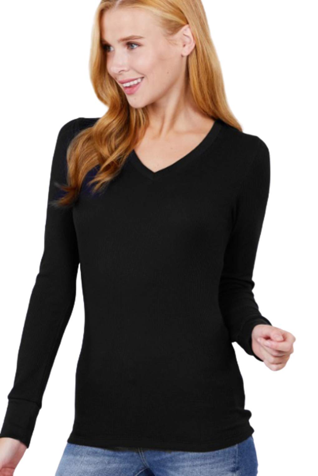 Cotton Blend Thermal V Neck Knit Top for Women Long Sleeves Khaki