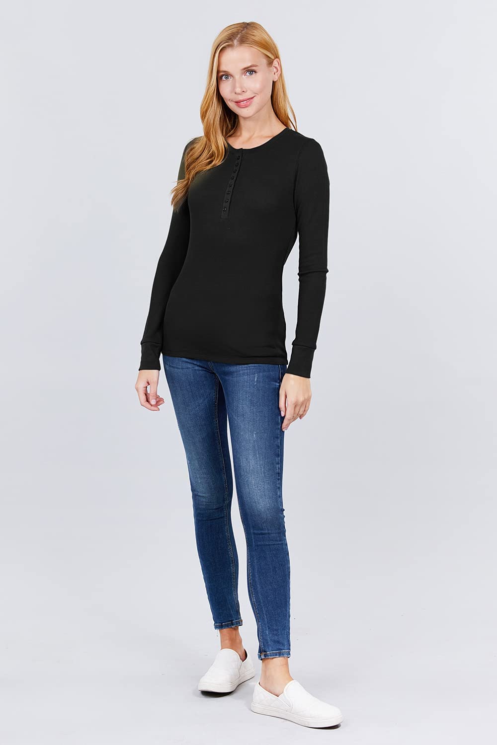 Women's Round Neck Long Sleeves Henley Thermal Knit Top
