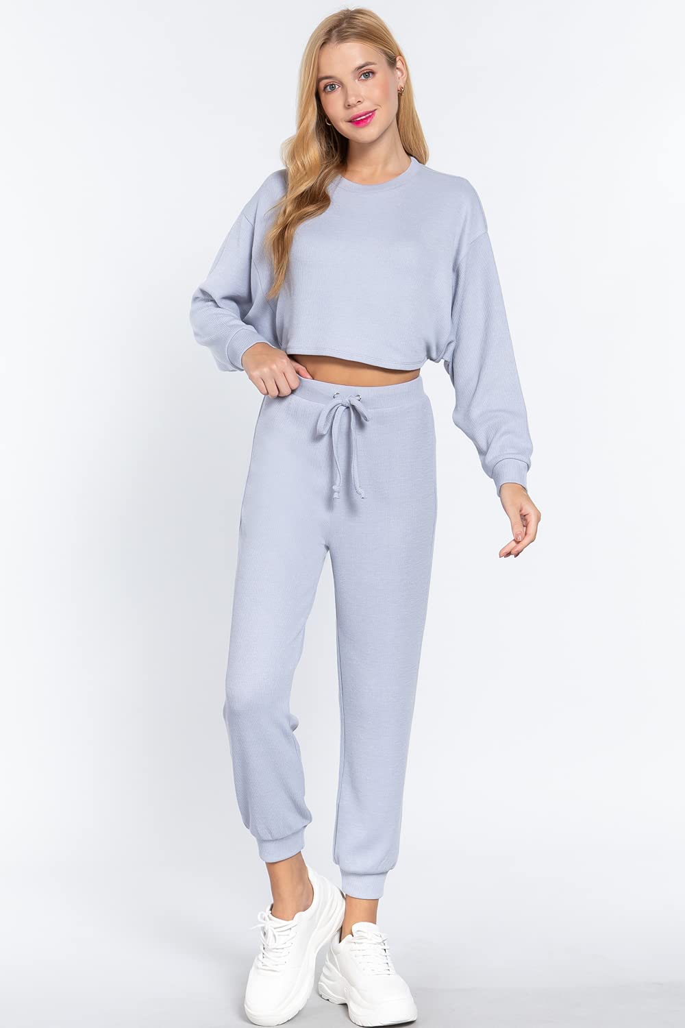 Women's  Long Dolman Sleeves Crew Neck Hacci Crop Top
