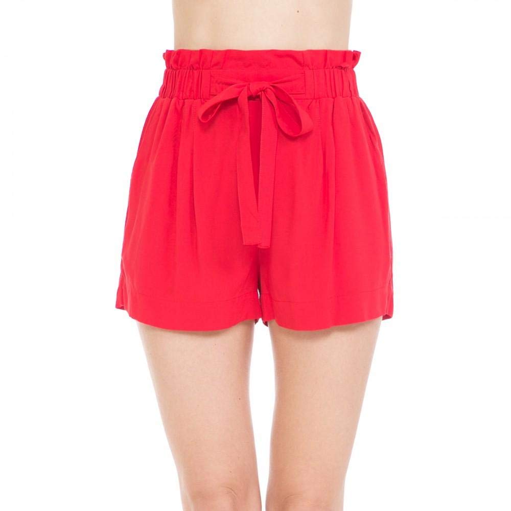 Khanomak Women's Tie-Front High Paperbag Waist Woven Pull-On Shorts