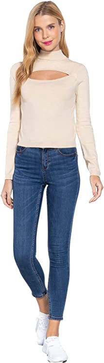 Women's Long Sleeves Mock Neck Front Cut Out Keyhole Sweater