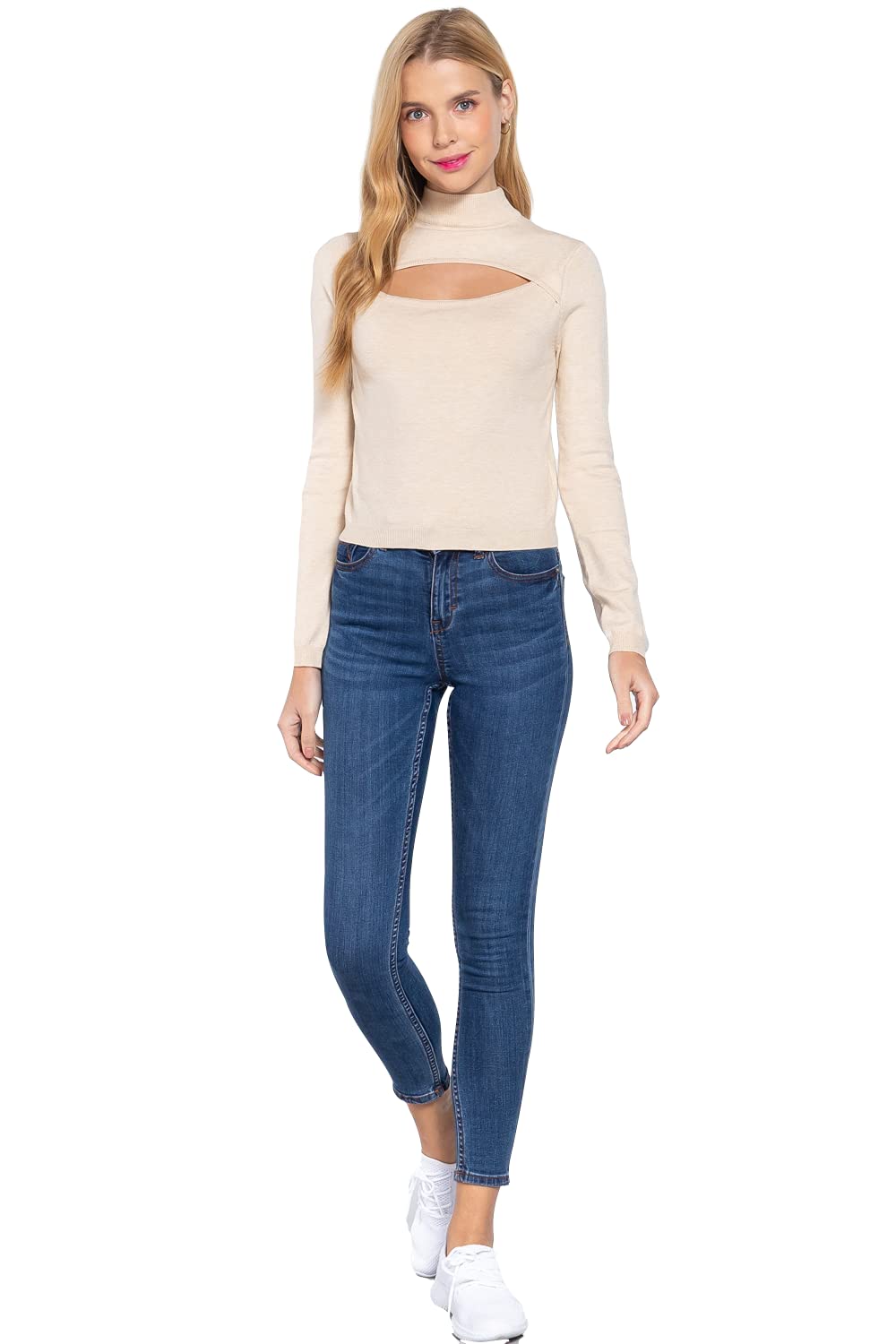 Women's Long Sleeves Mock Neck Front Cut Out Keyhole Sweater
