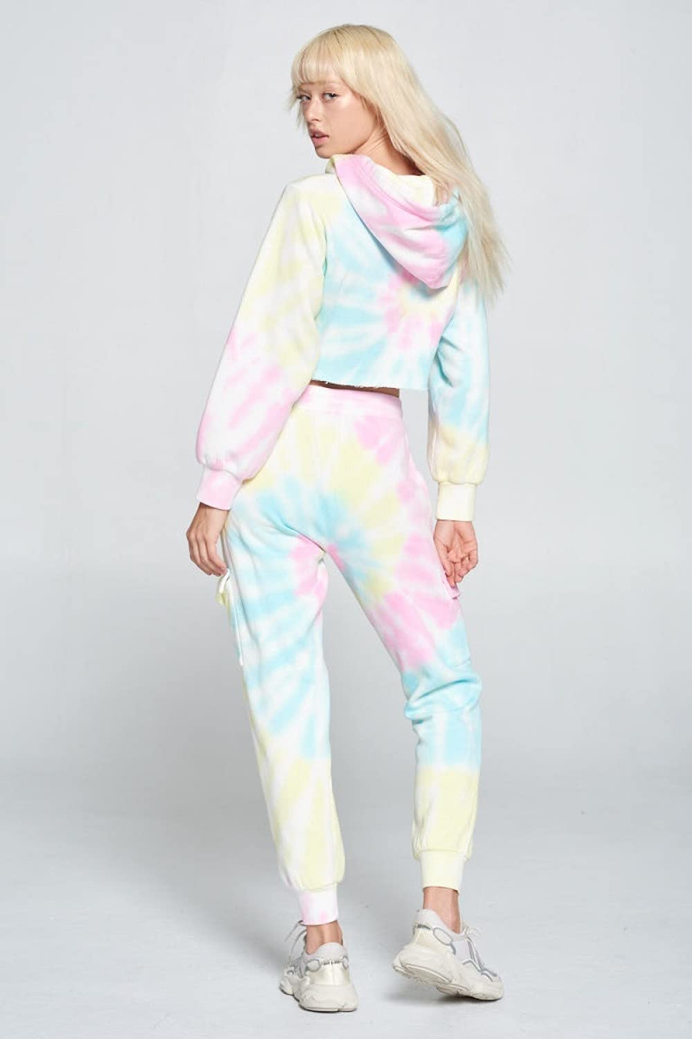 Womens- Tie Dye Long Sleeve Workout Crop Top Sweatshirt French Terry Jogger Hoodie