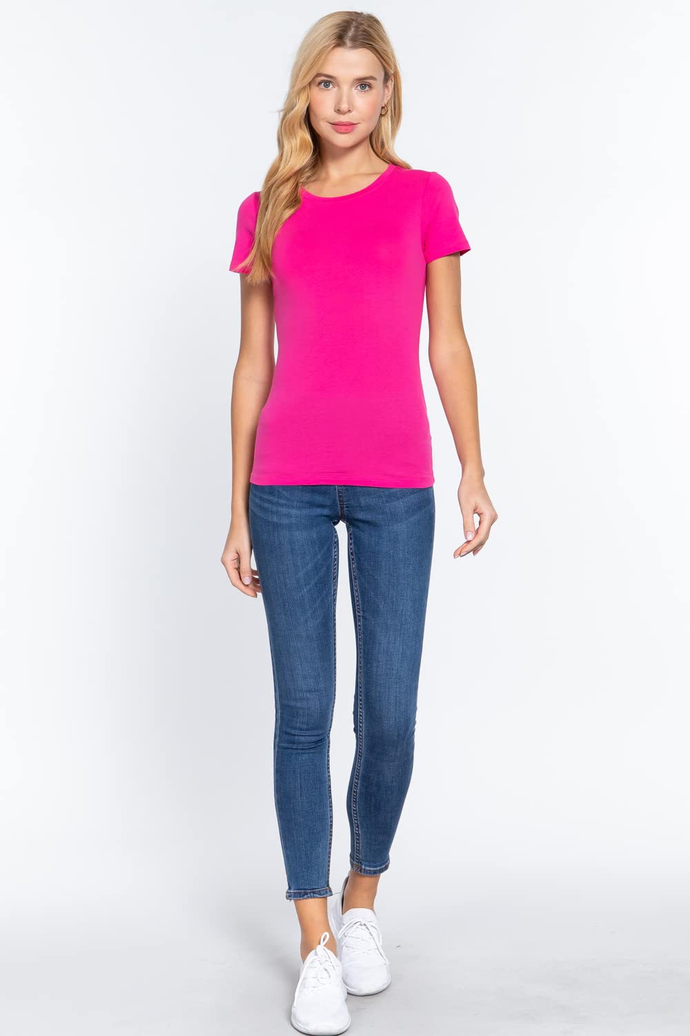 Khanomak Women's Short Sleeves Crew Neck Cotton Spandex Jersey Top