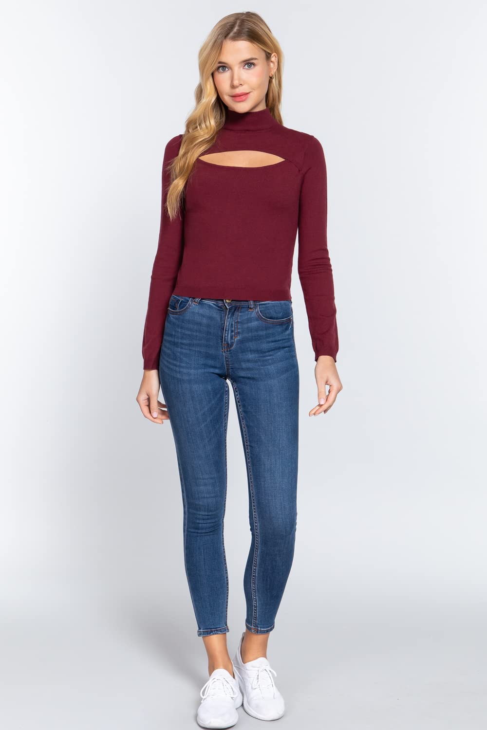 Women's Long Sleeves Mock Neck Front Cut Out Keyhole Sweater
