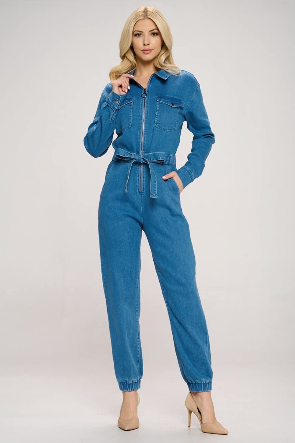 Women's Collar Denim Fitted Utility Jumpsuit with Pockets