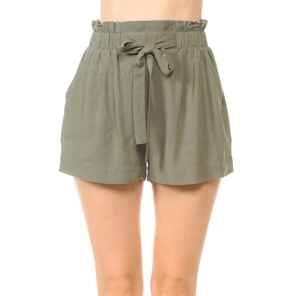 Khanomak Women's Tie-Front High Paperbag Waist Woven Pull-On Shorts