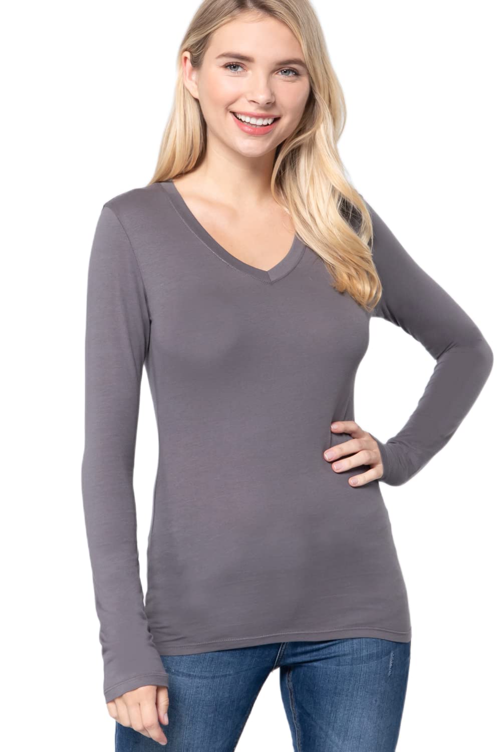 Plain V Neck Long Sleeve Tee T-Shirt