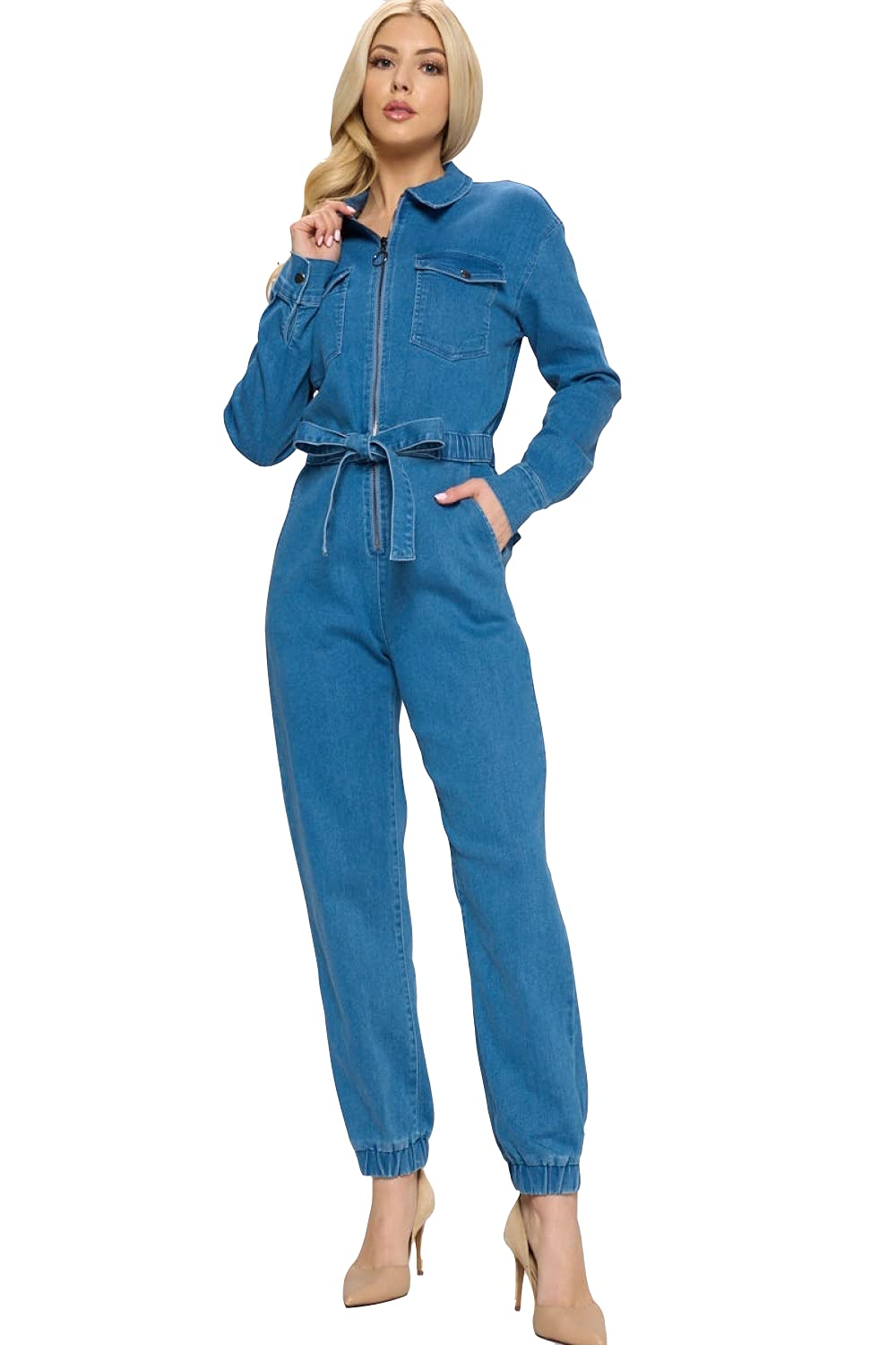 Women's Collar Denim Fitted Utility Jumpsuit with Pockets