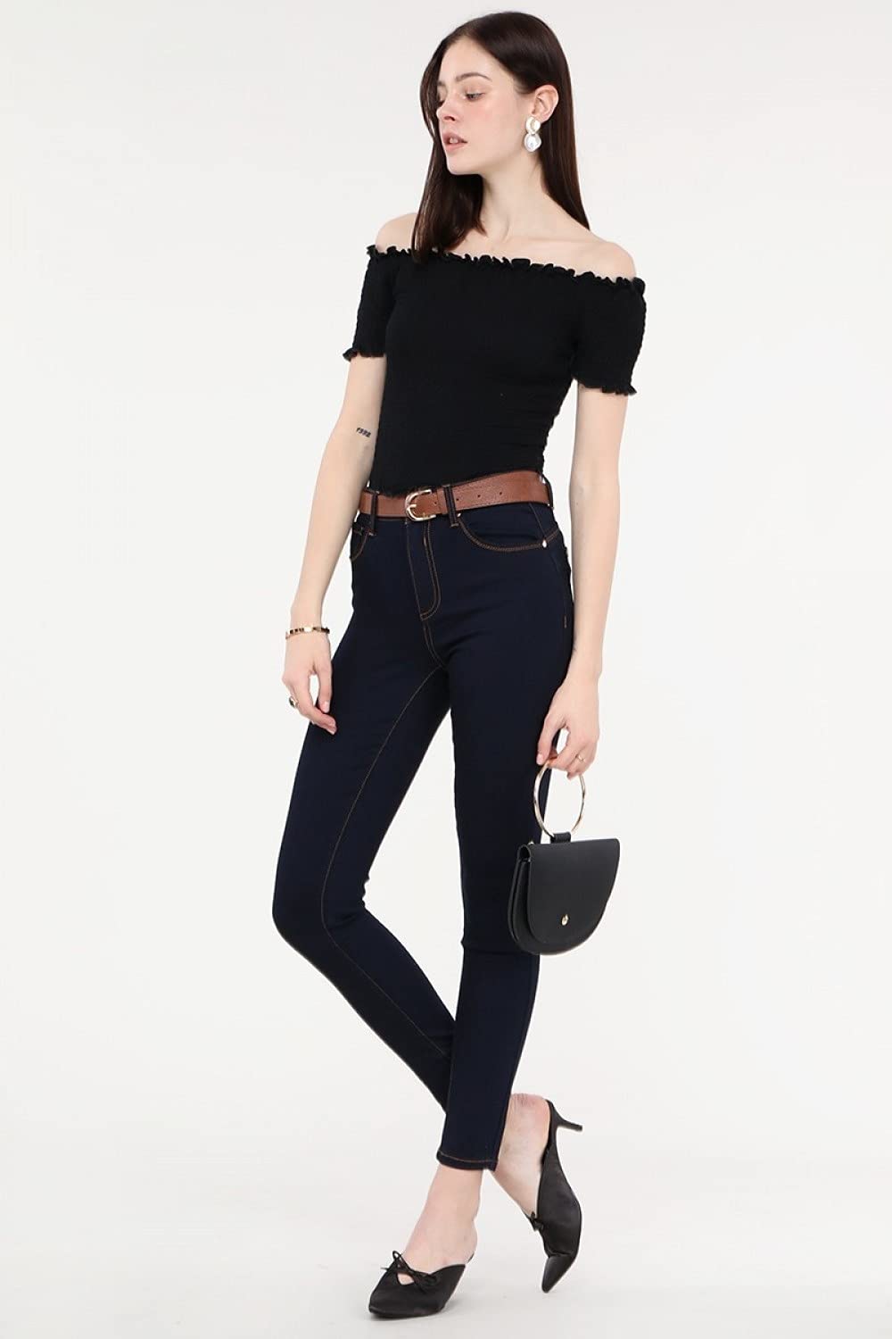 Women's Skinny Fit Belt Looped Dark Navy Ankle Jeans