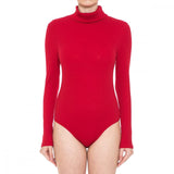 Women's Multi-Ribbed Turtleneck Long Sleeve Bodysuit Deep Red, Large