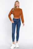 Women's Long Dolman Sleeve Crew Neck Waist Band Inner Fleece Terry Top