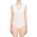 Womens-Sheer Mesh X-Lace Illusion Panelled Sleeveless V Neck Sheer Open Back Bodysuit