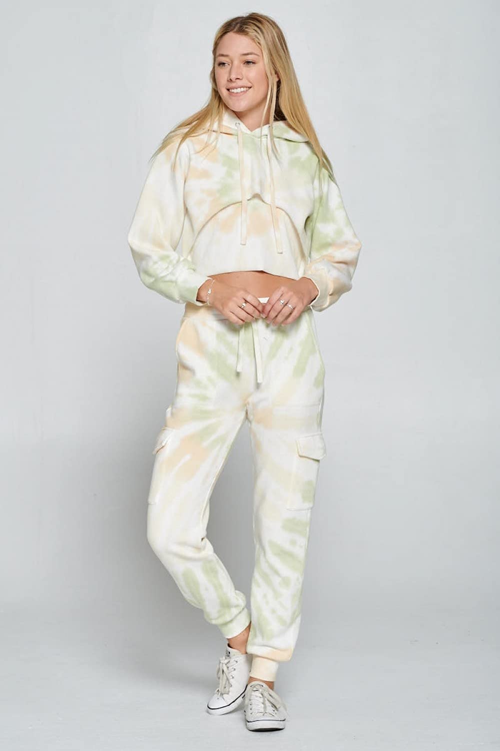 Womens- Tie Dye Long Sleeve Workout Crop Top Sweatshirt French Terry Jogger Hoodie