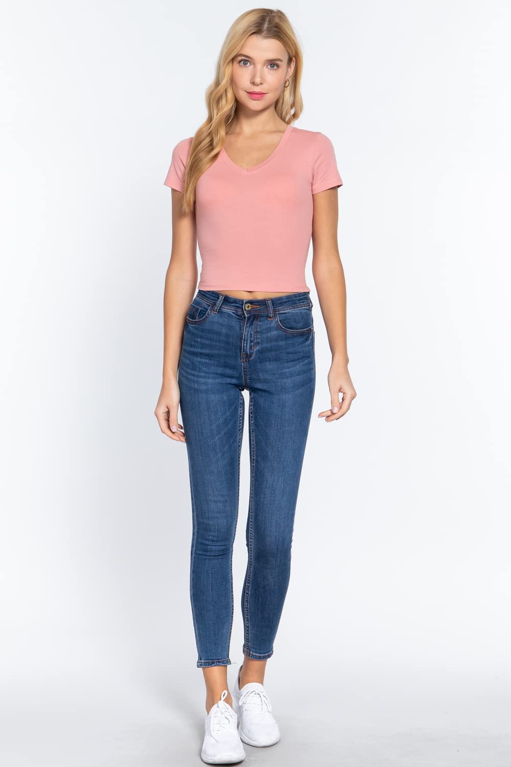 Khanomak Women's Cropped Basic Short Sleeve V Neck Top