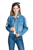 Khanomak Oversized Cropped Basic Collar Button Front Distressed Ripped Denim Jacket