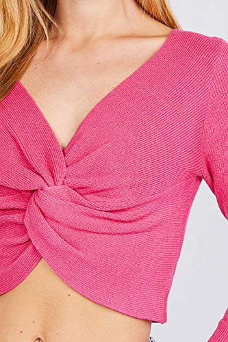 Women's Long Sleeve V Neck Front Knotted Detail Crop Sweater Top