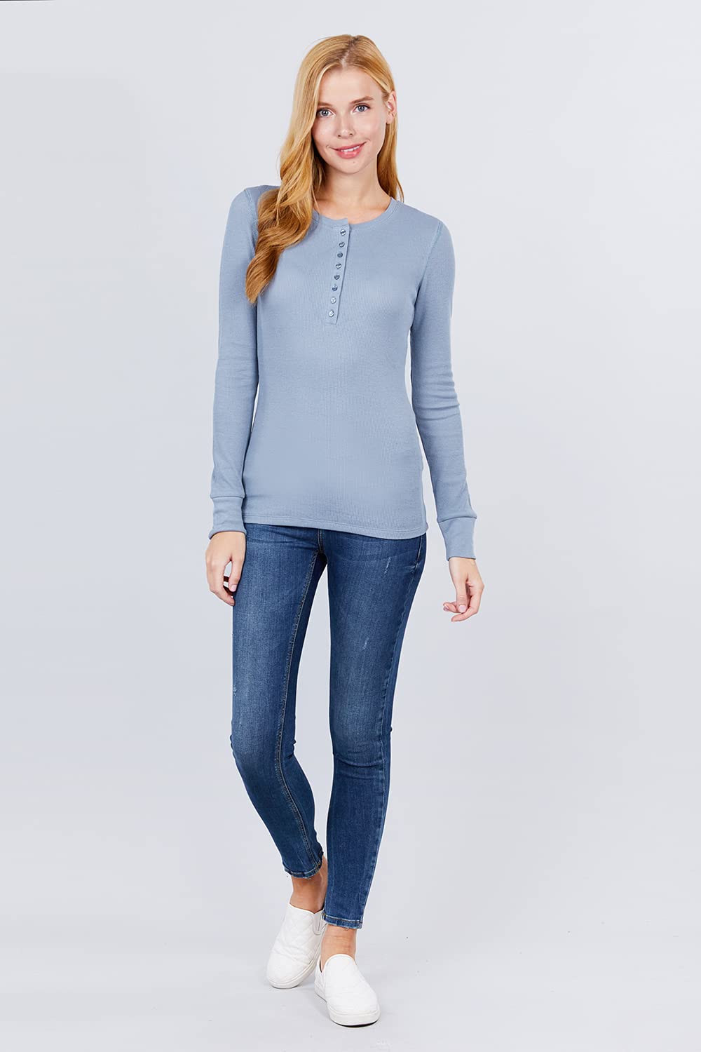 Women's Round Neck Long Sleeves Henley Thermal Knit Top