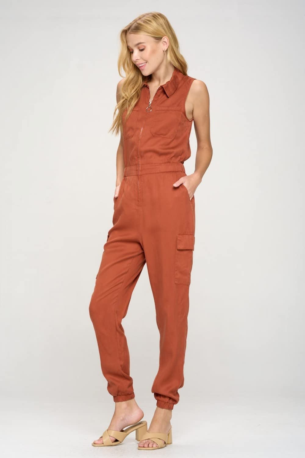 Tencel Sleeveless Jumpsuit with Cargo Pockets
