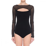 Women's Chest Cutout Mesh Long Sleeve Bodysuit Black, Medium