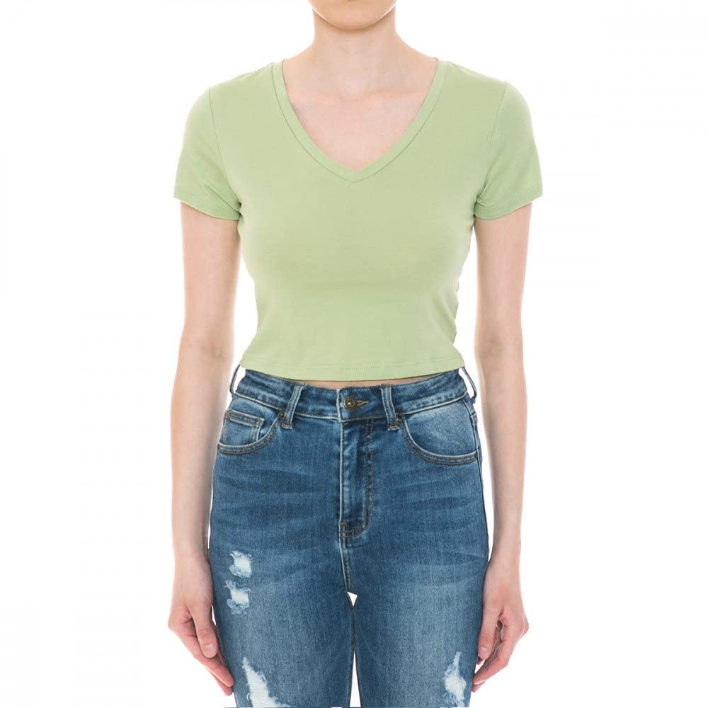 Women's Fitted V-Neck Crop Top Short Sleeve Cotton Stretch Tee Shirt