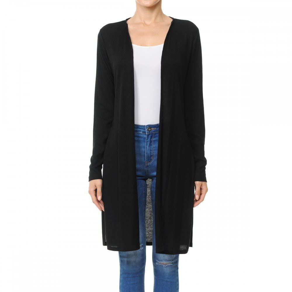 Women's Long Sleeve Ribbed Longline Cardigan Duster with Side Slit