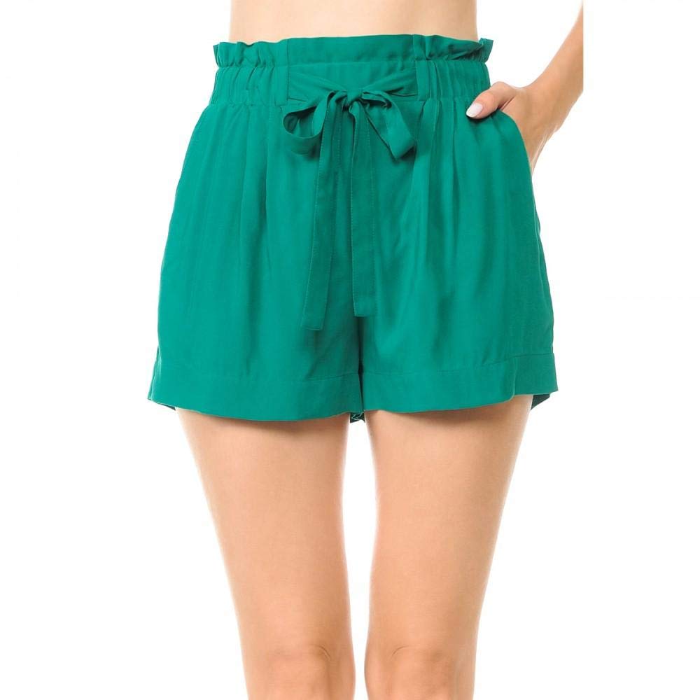 Khanomak Women's Tie-Front High Paperbag Waist Woven Pull-On Shorts