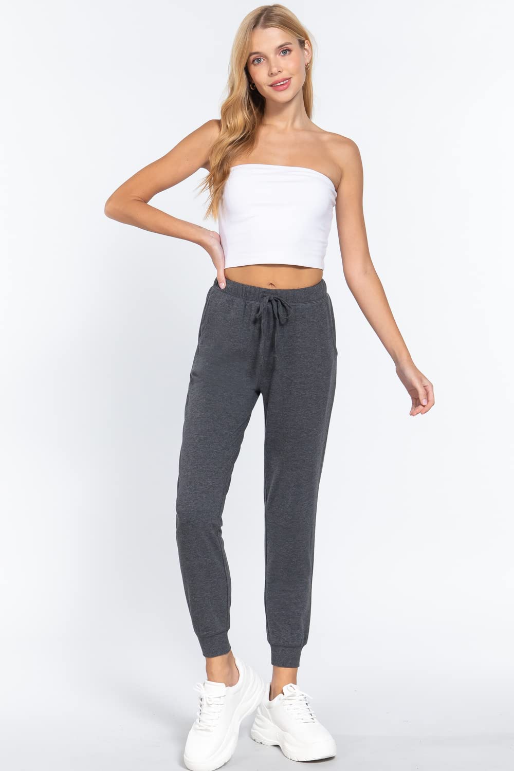 Khanomak Plain Long Drawstring Waist Front Pockets French Terry Joggers1