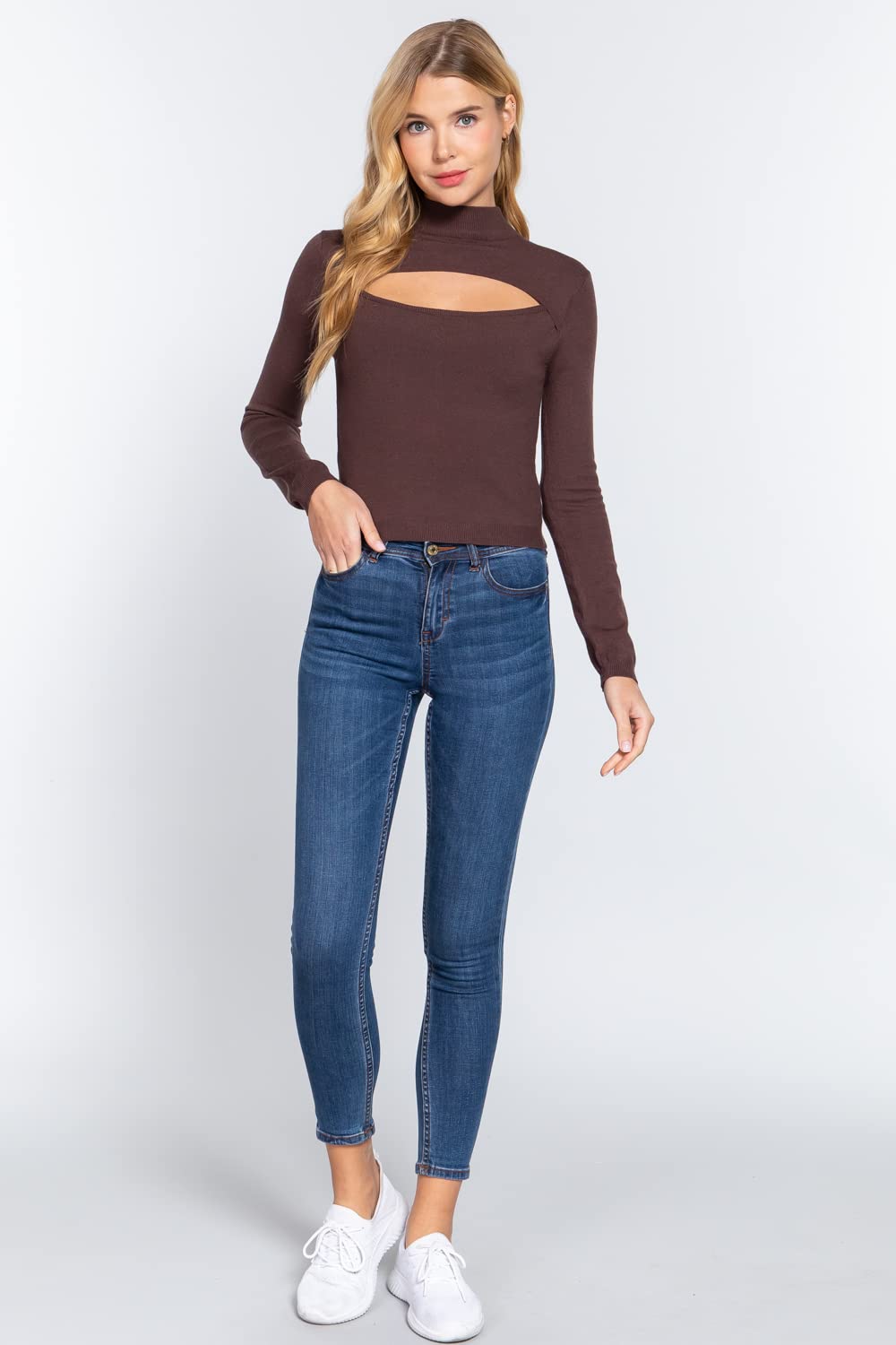 Women's Long Sleeves Mock Neck Front Cut Out Keyhole Sweater