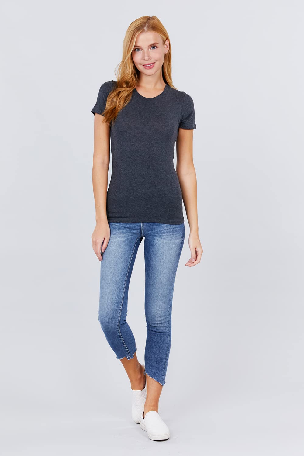 Khanomak Women's Short Sleeves Crew Neck Cotton Spandex Jersey Top