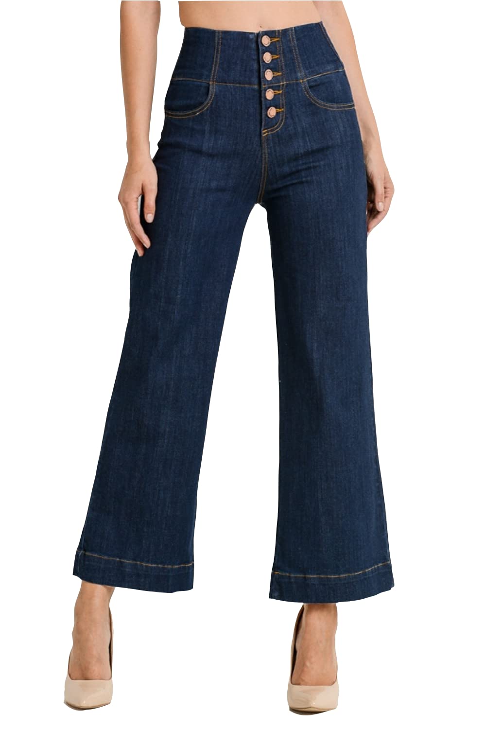 Women's High-Rise Waist 5 Button Front Wide Leg Denim Jean Vintage Culottes Pants