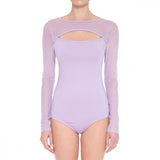 Women's Chest Cutout Mesh Long Sleeve Bodysuit Dusty Lavender, Medium