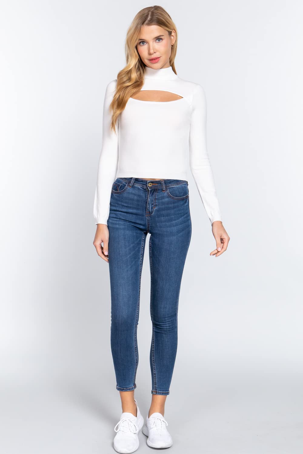Women's Long Sleeves Mock Neck Front Cut Out Keyhole Sweater