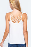 Womens- Round Neck Back Cross Strappy Woven Camisole Top