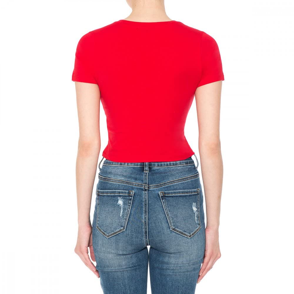 Women's Fitted V-Neck Crop Top Short Sleeve Cotton Stretch Tee Shirt