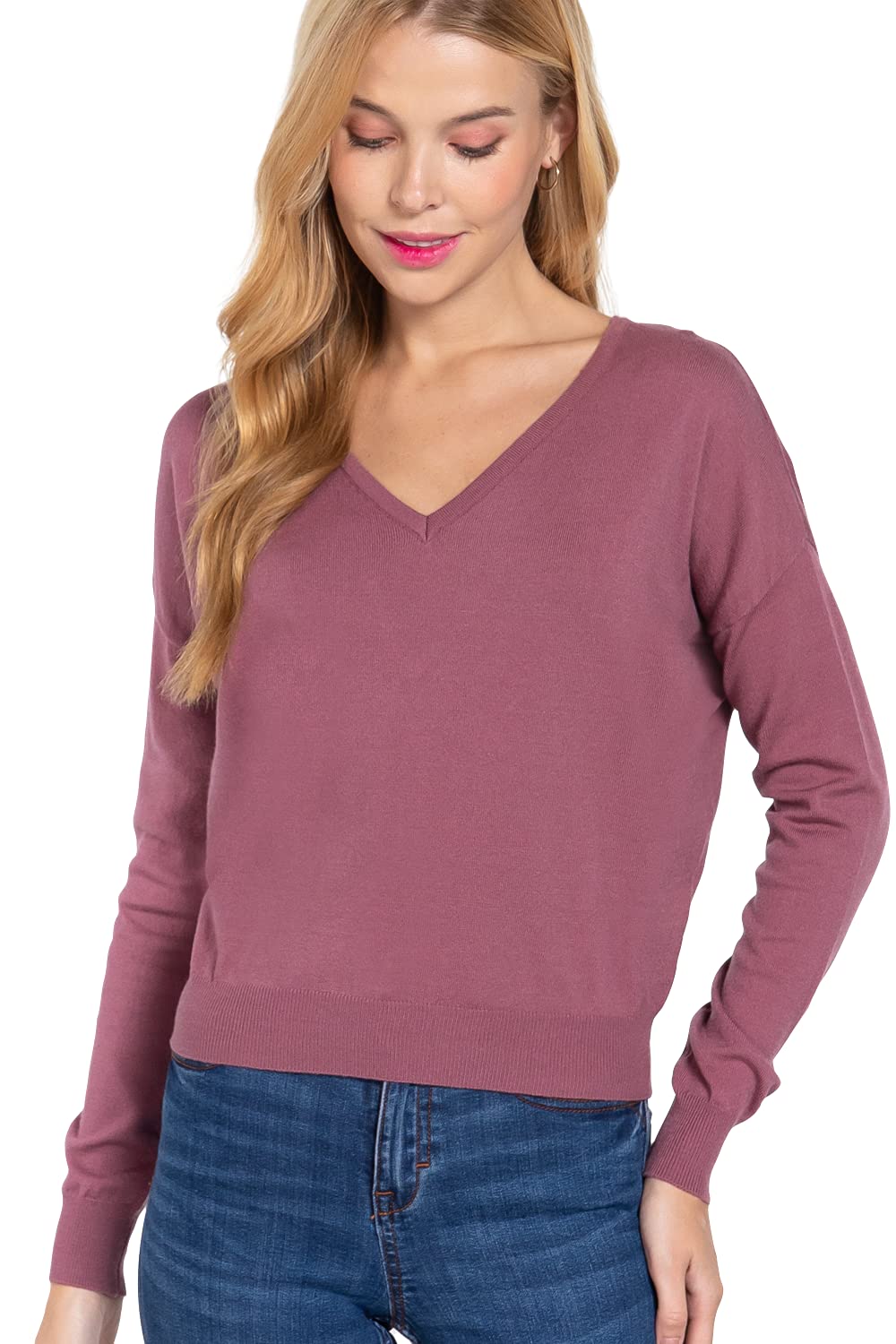 Women's Long Sleeve V-Neck Back Cross Strap Viscose Sweater Top